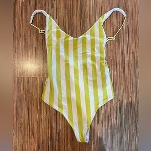 One piece thong pale Green and White Striped One-Piece Swimsuit